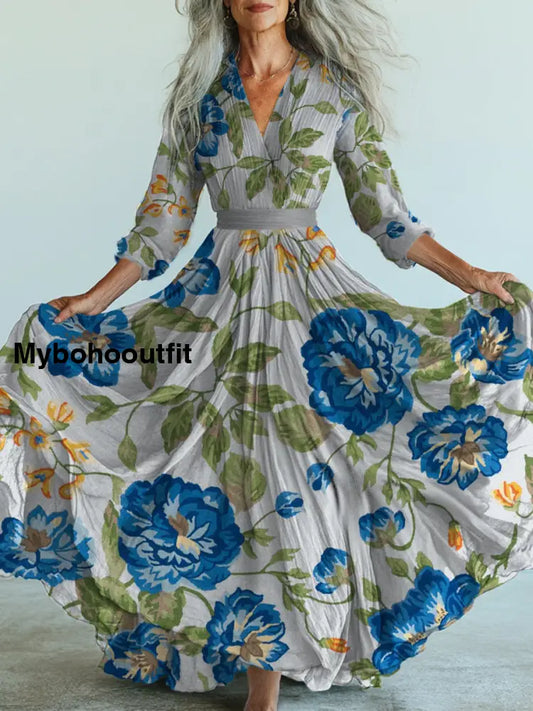 Retro Boho Floral Art Printed Vintage V-Neck Long Sleeves Midi Dress A / S