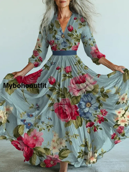Retro Boho Floral Art Printed Vintage V-Neck Long Sleeves Midi Dress A / S