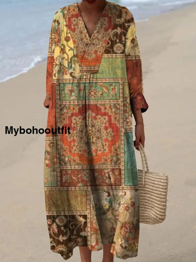 Retro Boho Floral Art Printed Wide Edge V-Neck Vintage Loose Long Sleeves Midi Dress A / S