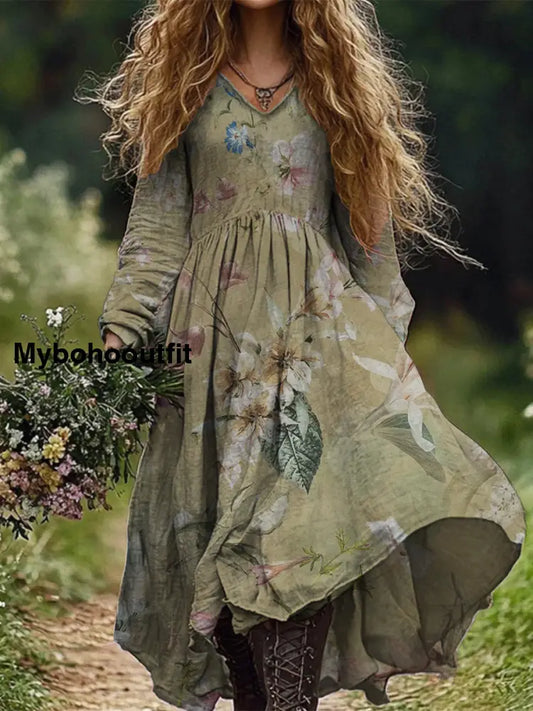 Retro Boho Floral Botany Print Vintage Chic V-Neck Cotton Long Sleeve Midi Dress A / S