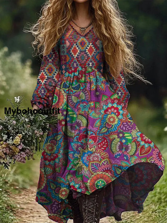 Retro Boho Floral Botany Print Vintage Chic V-Neck Cotton Long Sleeve Midi Dress A / S