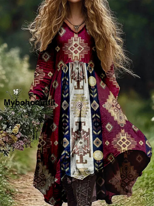 Retro Boho Floral Botany Print Vintage Chic V-Neck Cotton Long Sleeve Midi Dress A / S