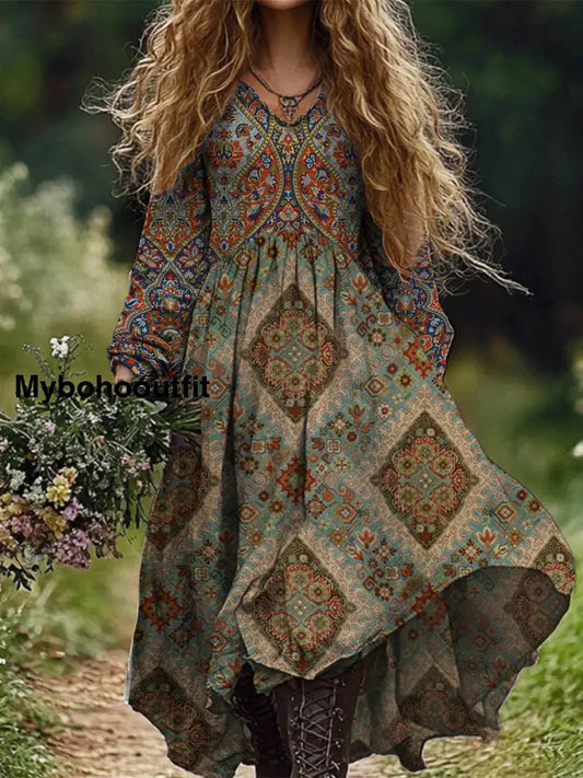 Retro Boho Floral Botany Print Vintage Chic V-Neck Cotton Long Sleeve Midi Dress A / S