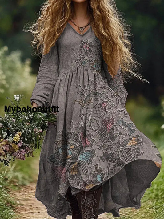 Retro Boho Floral Botany Print Vintage Chic V-Neck Cotton Long Sleeve Midi Dress A / S