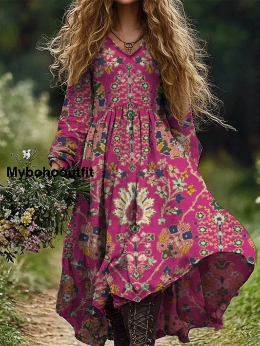 Retro Boho Floral Botany Print Vintage Chic V-Neck Cotton Long Sleeve Midi Dress A / S