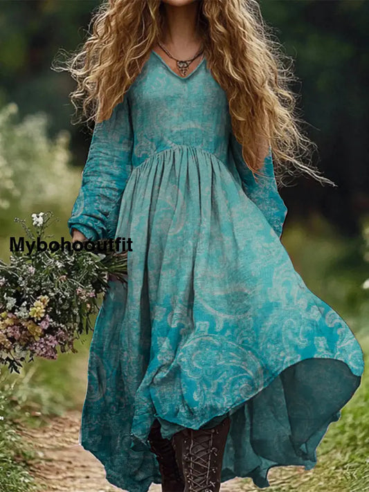 Retro Boho Floral Botany Print Vintage Chic V-Neck Cotton Long Sleeve Midi Dress A / S