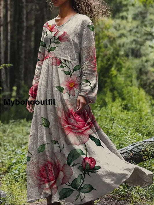 Retro Boho Floral Botany Print Vintage Chic V-Neck Cotton Long Sleeve Midi Dress A / S