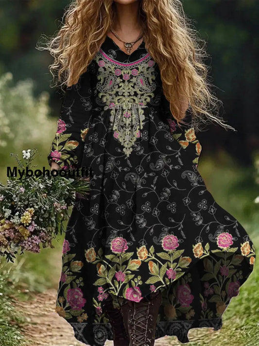 Retro Boho Floral Botany Print Vintage Chic V-Neck Cotton Long Sleeve Midi Dress A / S