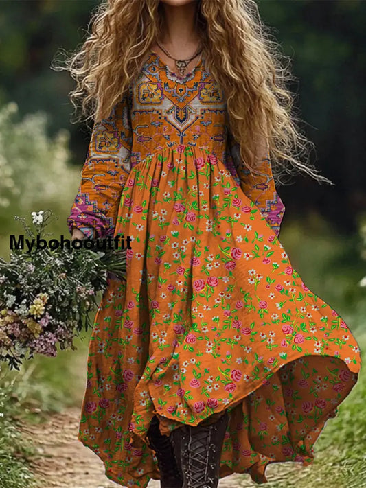 Retro Boho Floral Botany Print Vintage Chic V-Neck Cotton Long Sleeve Midi Dress A / S
