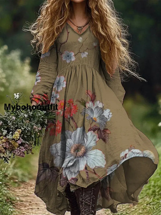 Retro Boho Floral Botany Print Vintage Chic V-Neck Cotton Long Sleeve Midi Dress A / S