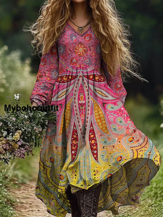Retro Boho Floral Botany Print Vintage Chic V-Neck Cotton Long Sleeve Midi Dress A / S