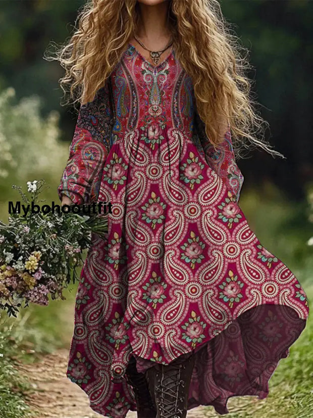 Retro Boho Floral Botany Print Vintage Chic V-Neck Cotton Long Sleeve Midi Dress A / S