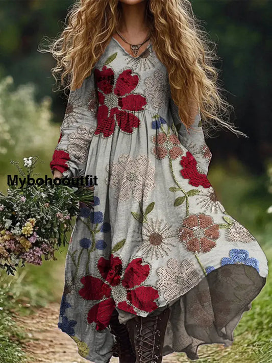 Retro Boho Floral Botany Print Vintage Chic V-Neck Cotton Long Sleeve Midi Dress A / S