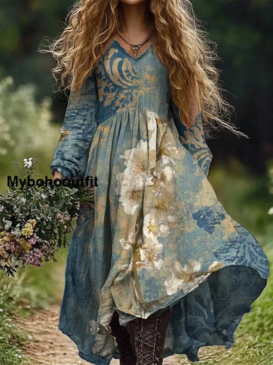 Retro Boho Floral Botany Print Vintage Chic V-Neck Cotton Long Sleeve Midi Dress A / S