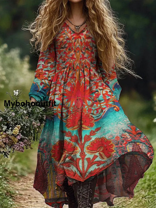 Retro Boho Floral Botany Print Vintage Chic V-Neck Cotton Long Sleeve Midi Dress A / S