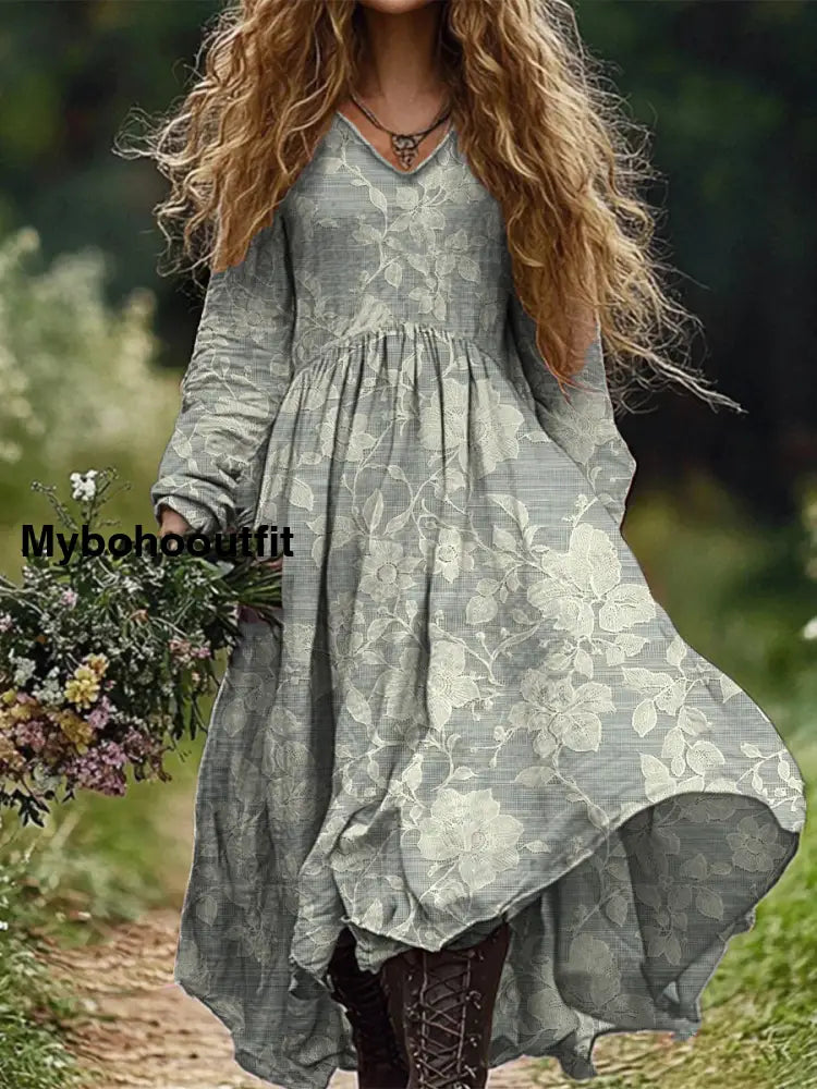 Retro Boho Floral Botany Print Vintage Chic V-Neck Cotton Long Sleeve Midi Dress A / S