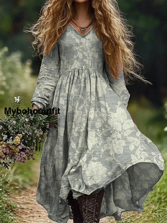 Retro Boho Floral Botany Print Vintage Chic V-Neck Cotton Long Sleeve Midi Dress A / S