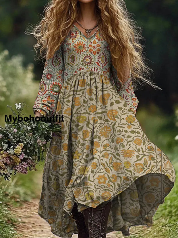 Retro Boho Floral Botany Print Vintage Chic V-Neck Cotton Long Sleeve Midi Dress A / S