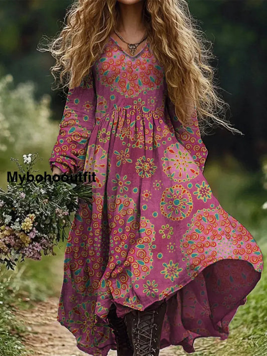 Retro Boho Floral Botany Print Vintage Chic V-Neck Cotton Long Sleeve Midi Dress A / S