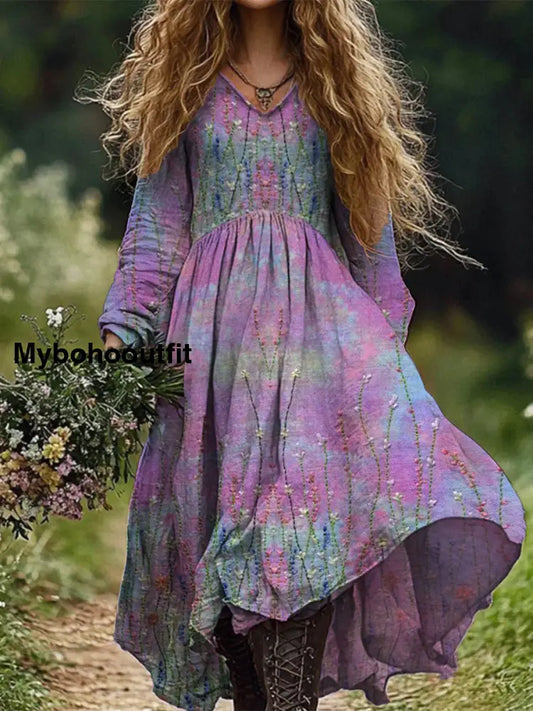 Retro Boho Floral Botany Print Vintage Chic V-Neck Cotton Long Sleeve Midi Dress A / S