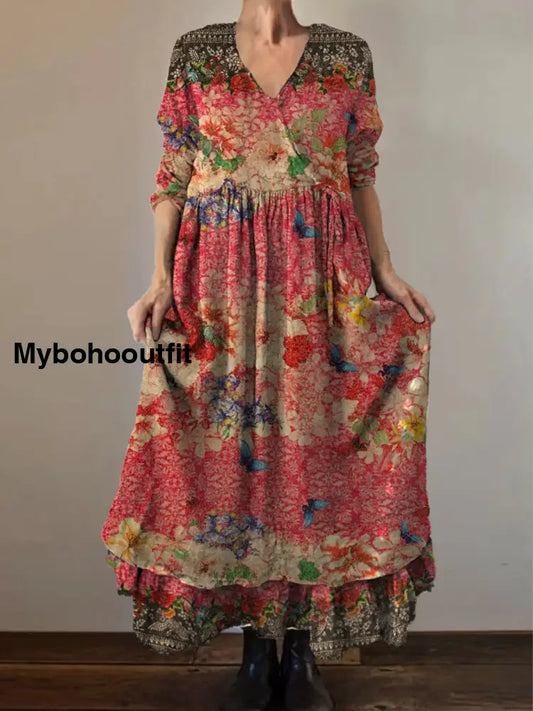 Retro Boho Floral Botany Print Vintage V-Neck Double Hemline Cotton Long Sleeve Midi Dress A / S
