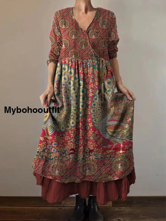 Retro Boho Floral Botany Print Vintage V-Neck Double Hemline Cotton Long Sleeve Midi Dress A / S