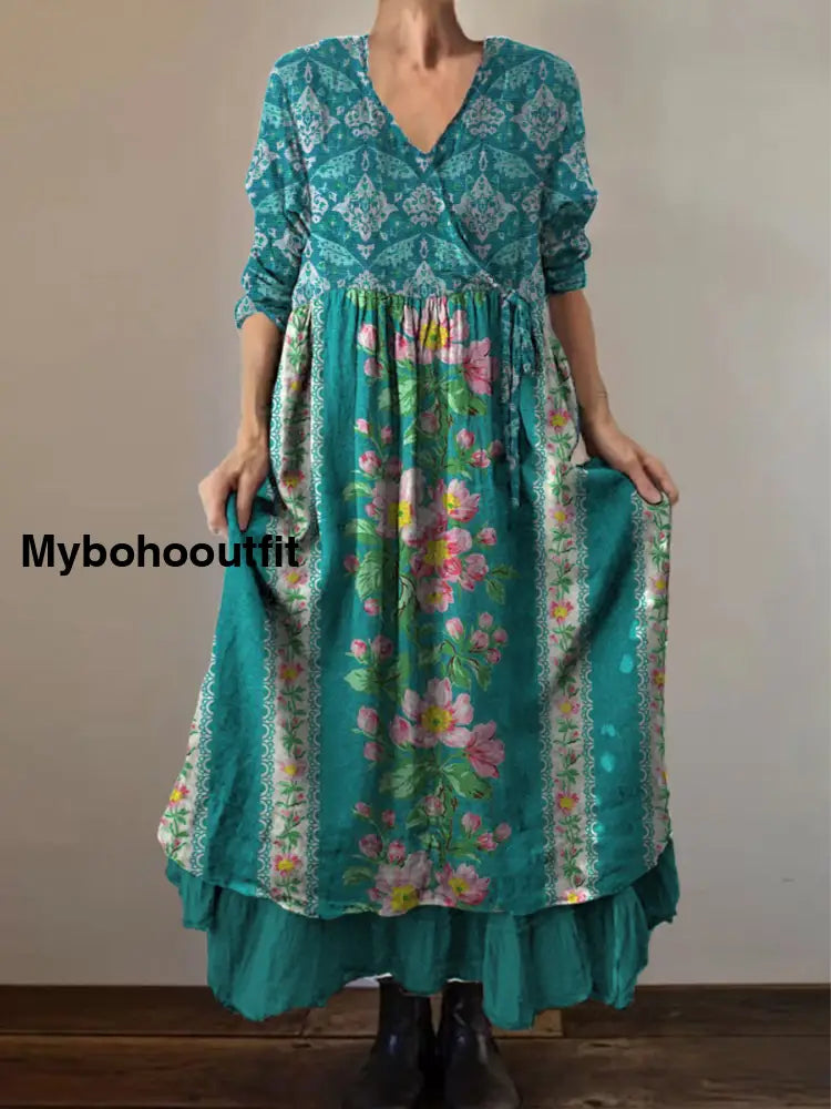 Retro Boho Floral Botany Print Vintage V-Neck Double Hemline Cotton Long Sleeve Midi Dress A / S