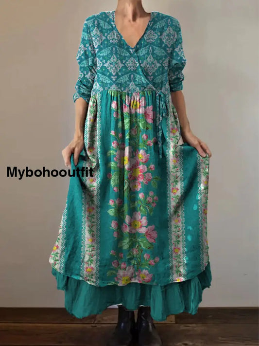 Retro Boho Floral Botany Print Vintage V-Neck Double Hemline Cotton Long Sleeve Midi Dress A / S