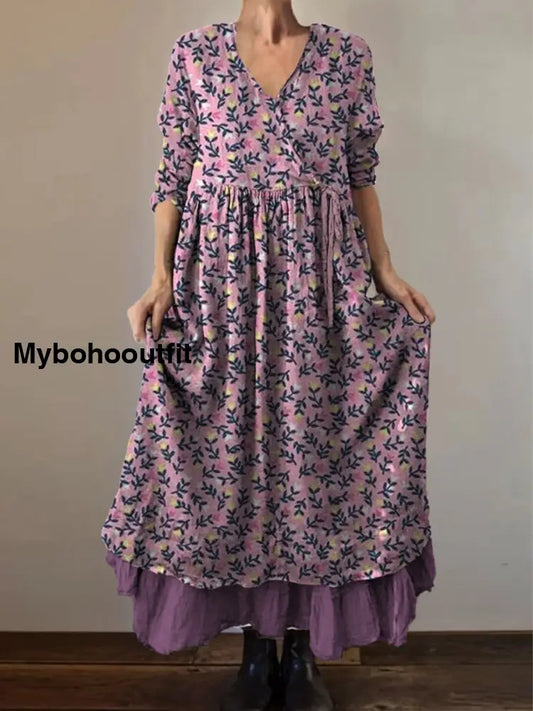 Retro Boho Floral Botany Print Vintage V-Neck Double Hemline Cotton Long Sleeve Midi Dress A / S