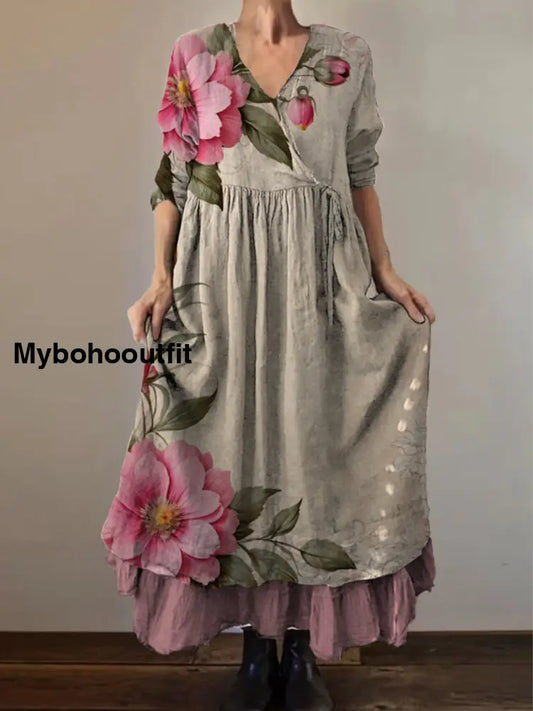Retro Boho Floral Botany Print Vintage V-Neck Double Hemline Cotton Long Sleeve Midi Dress A / S