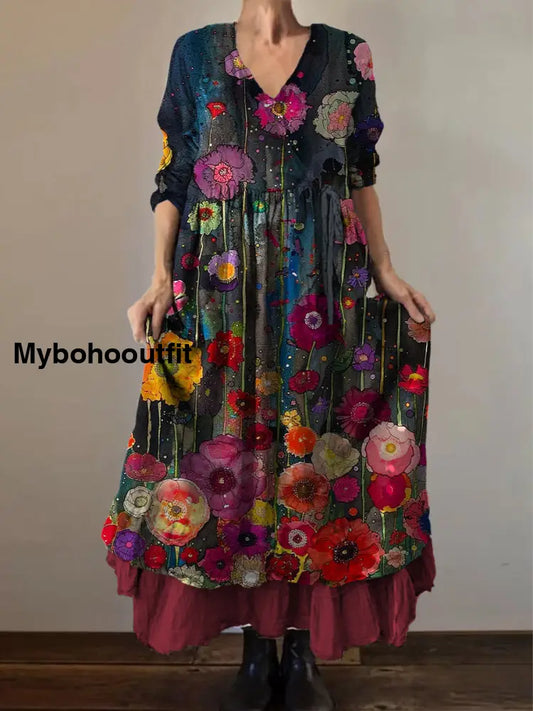 Retro Boho Floral Botany Print Vintage V-Neck Double Hemline Cotton Long Sleeve Midi Dress A / S