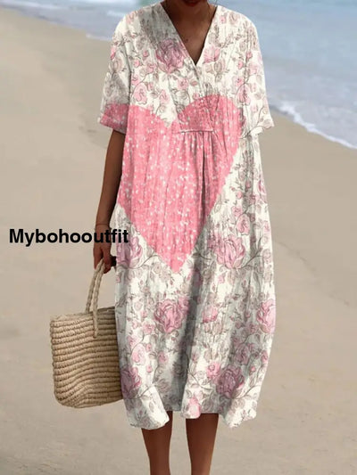 Retro Boho Floral Heart Printed Wide V-Neck Vintage Loose Mid-Length Sleeves Cotton Midi Dress A / S