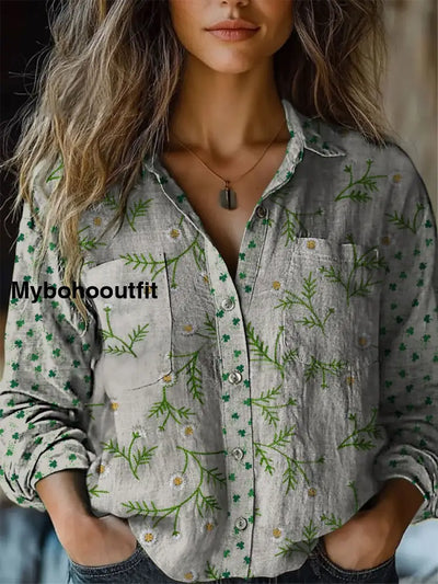 Retro Boho Floral Plant Art Printed Vintage Chic V-Neck Button Pocket Cotton Long Sleeve Shirt A / S