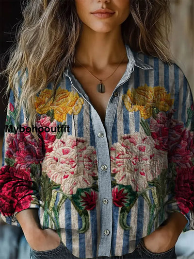 Retro Boho Floral Plant Art Printed Vintage Chic V-Neck Button Pocket Cotton Long Sleeve Shirt A / S