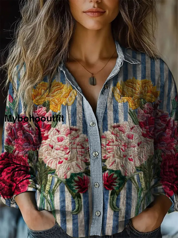 Retro Boho Floral Plant Art Printed Vintage Chic V-Neck Button Pocket Cotton Long Sleeve Shirt A / S