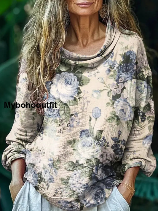 Retro Boho Floral Print Round Pile Collar Vintage Loose Long Sleeve Top A / S