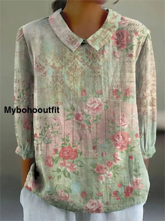 Retro Boho Floral Print Vintage Casual Round Collar Long Sleeve Shirt A / S