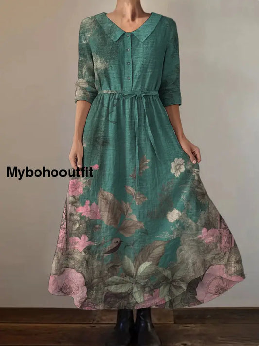 Retro Boho Floral Print Vintage Chic Round Neck Button Long Sleeve Midi Dress A / S