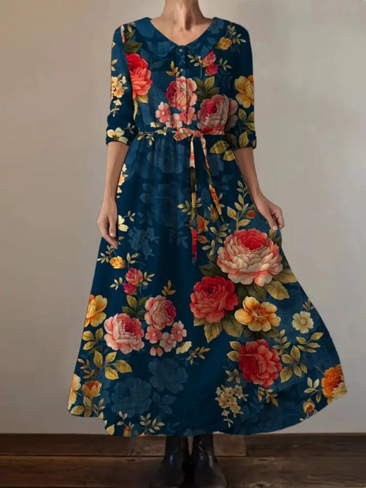 Retro Boho Floral Print Vintage Chic Round Neck Button Long Sleeve Midi Dress A / S