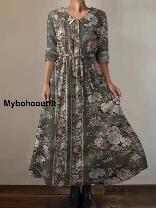 Retro Boho Floral Print Vintage Chic Round Neck Button Long Sleeve Midi Dress A / S