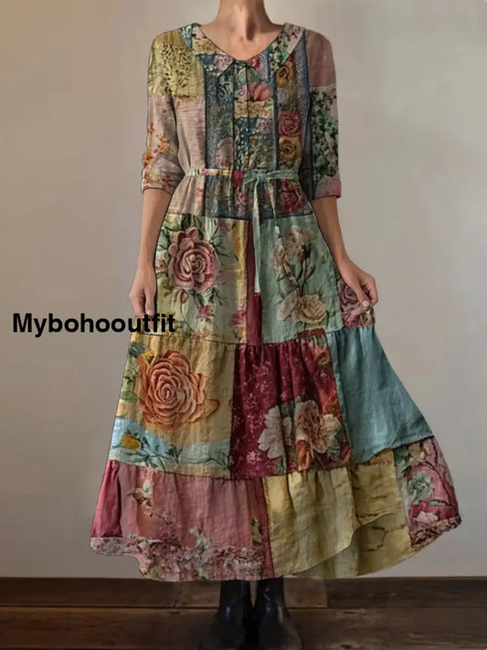 Retro Boho Floral Print Vintage Chic Round Neck Button Long Sleeve Midi Dress A / S
