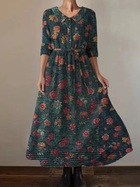 Retro Boho Floral Print Vintage Chic Round Neck Button Long Sleeve Midi Dress A / S