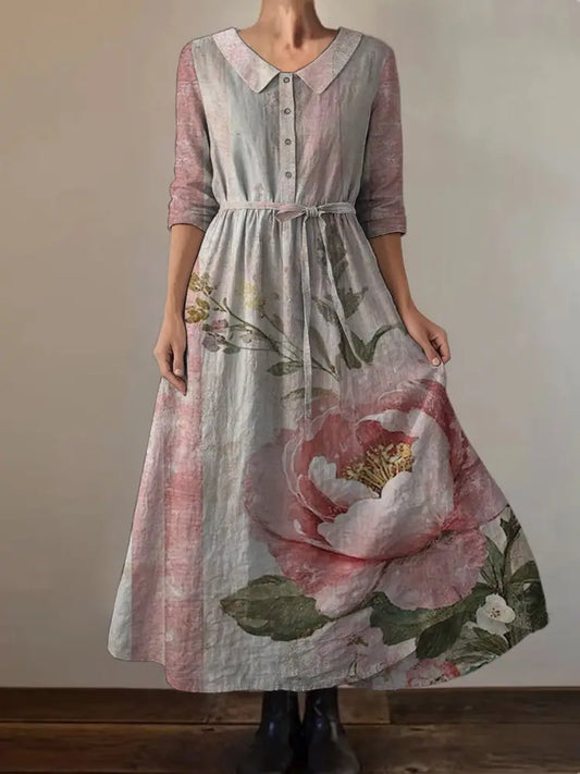 Retro Boho Floral Print Vintage Chic Round Neck Button Long Sleeve Midi Dress A / S