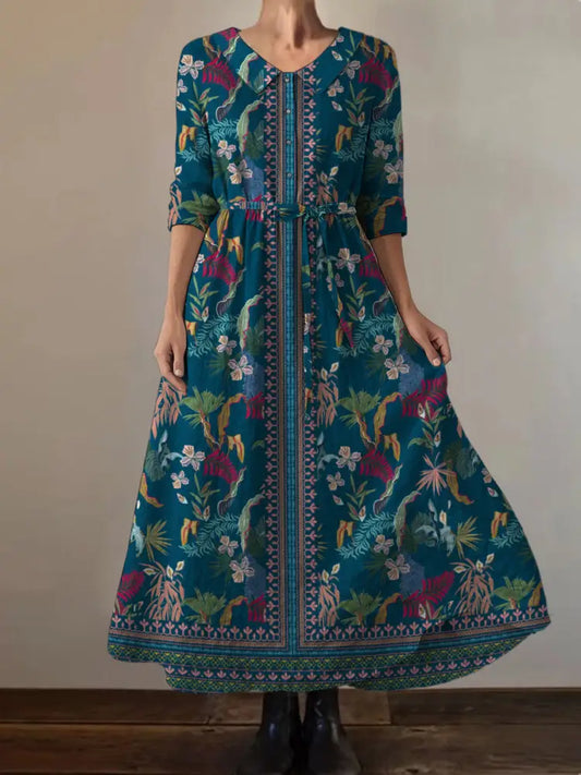 Retro Boho Floral Print Vintage Chic Round Neck Button Long Sleeve Midi Dress A / S