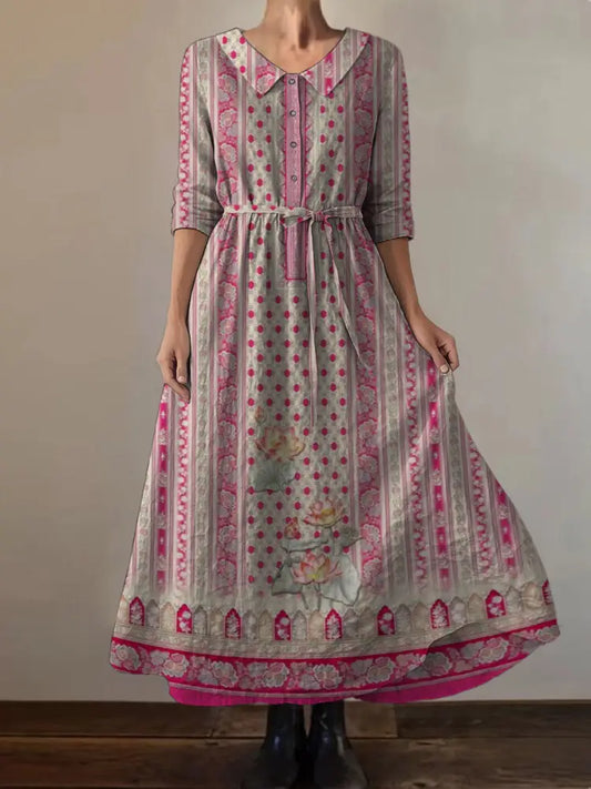 Retro Boho Floral Print Vintage Chic Round Neck Button Long Sleeve Midi Dress A / S
