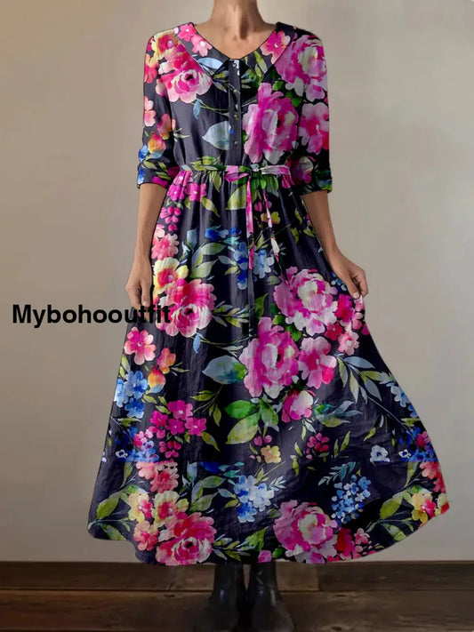 Retro Boho Floral Print Vintage Chic Round Neck Button Long Sleeve Midi Dress A / S