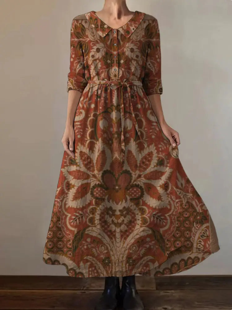 Retro Boho Floral Print Vintage Chic Round Neck Button Long Sleeve Midi Dress A / S