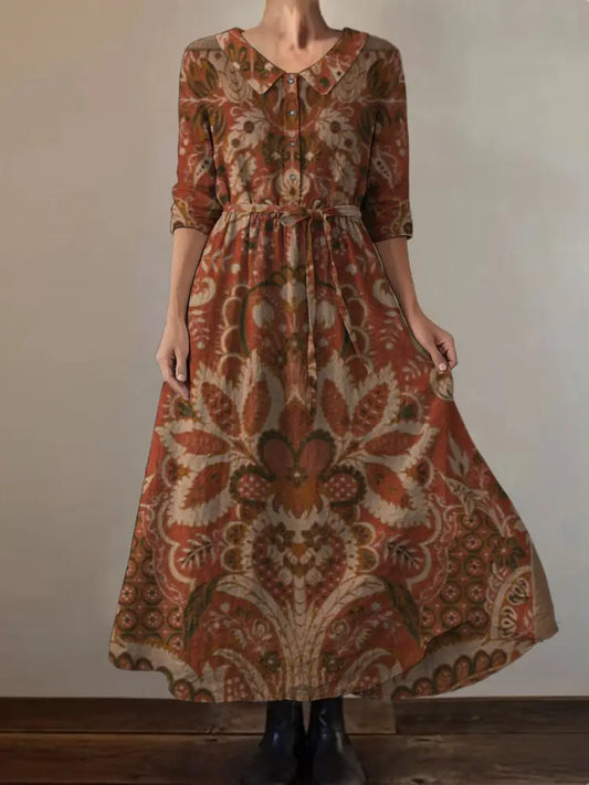 Retro Boho Floral Print Vintage Chic Round Neck Button Long Sleeve Midi Dress A / S