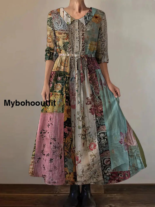 Retro Boho Floral Print Vintage Chic Round Neck Button Long Sleeve Midi Dress A / S