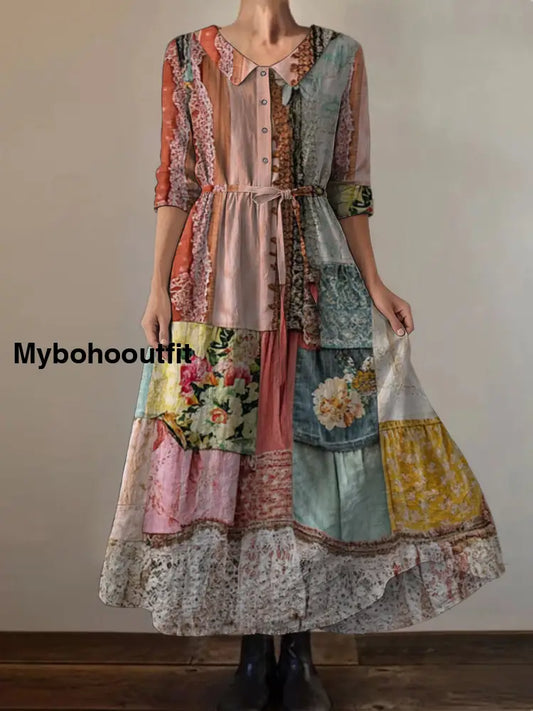 Retro Boho Floral Print Vintage Chic Round Neck Button Long Sleeve Midi Dress A / S